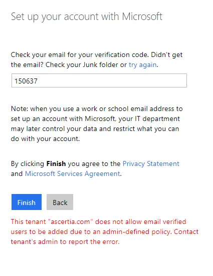 tenant does not allow email verified users 