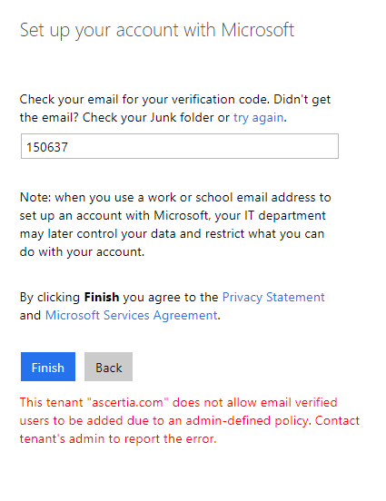 tenant does not allow email verified users