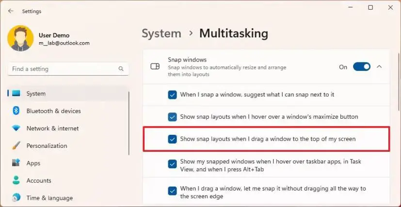 How to disable drag top of screen Snap layouts on Windows 11 - Pureinfotech